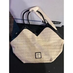 Sport Fashion Woven Straw Tote Bag Cream Black Trim V-Top Shoulder Bag
